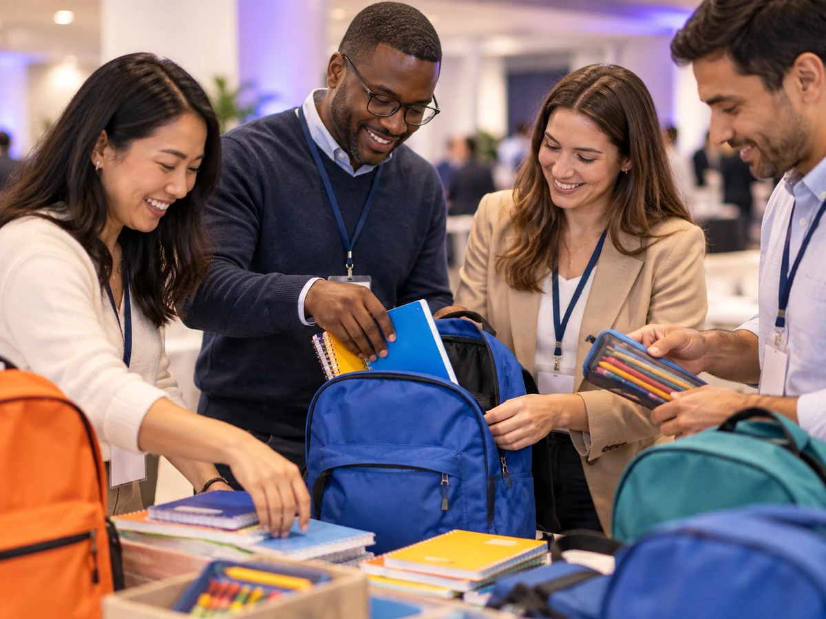 Infojini volunteers packing school-supply backpacks together at a community event