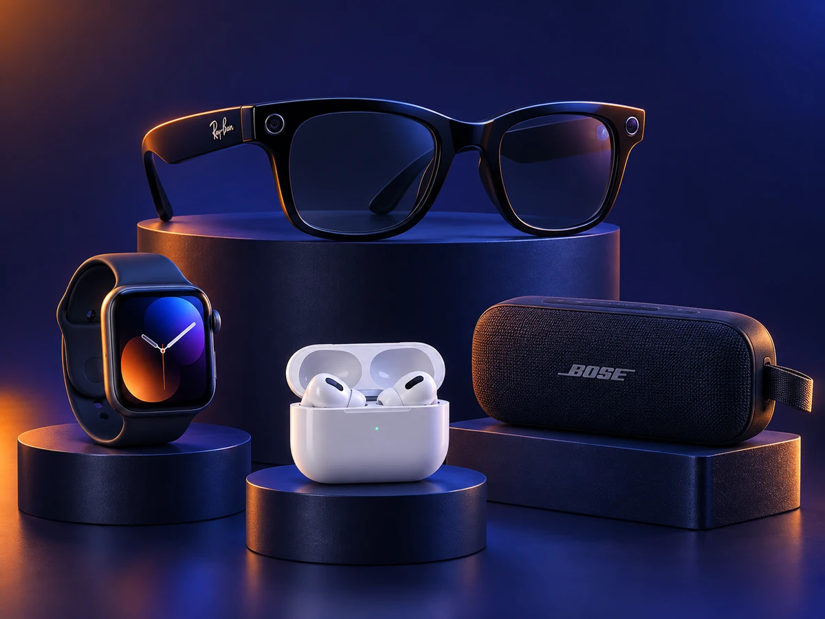 Raffle prizes: Ray-Ban Meta smart glasses, a smartwatch, wireless earbuds and a portable speaker displayed on glowing pedestals